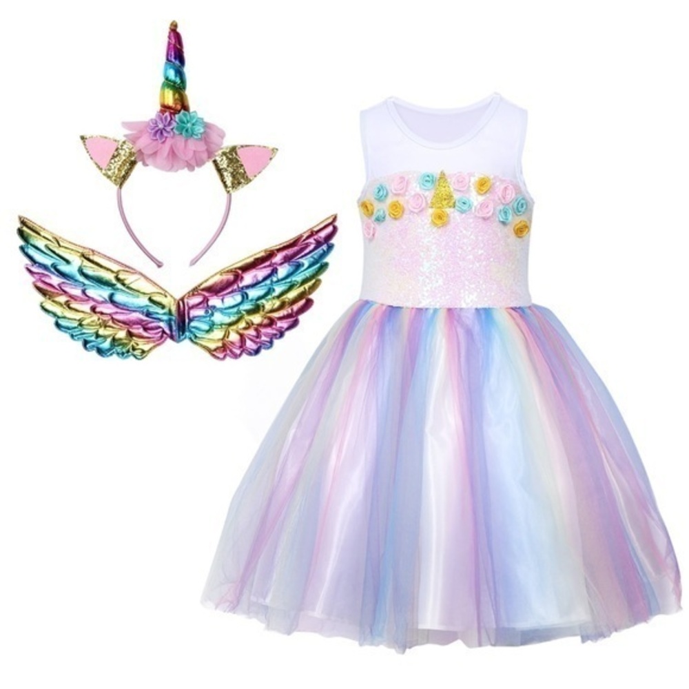 Princess Unicorn Dress with Headband & Wings Birthday Halloween Party Dress-L
